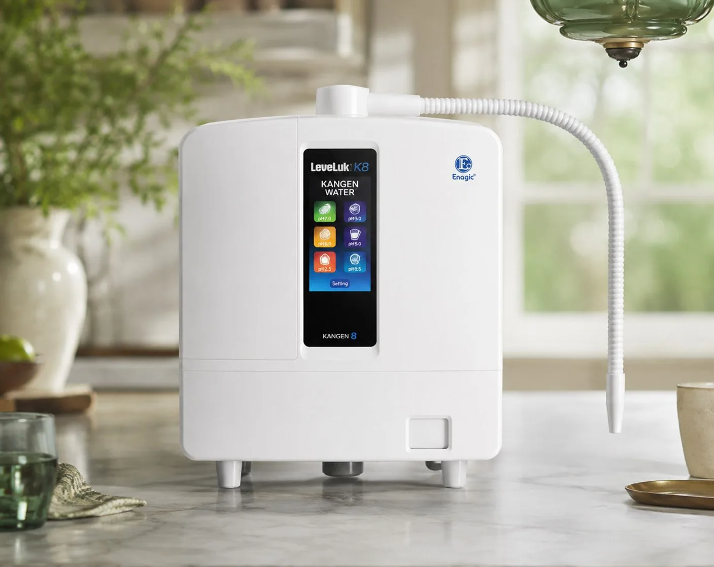 Máy ion hóa nước Kangen K8 trên mặt bàn bếp